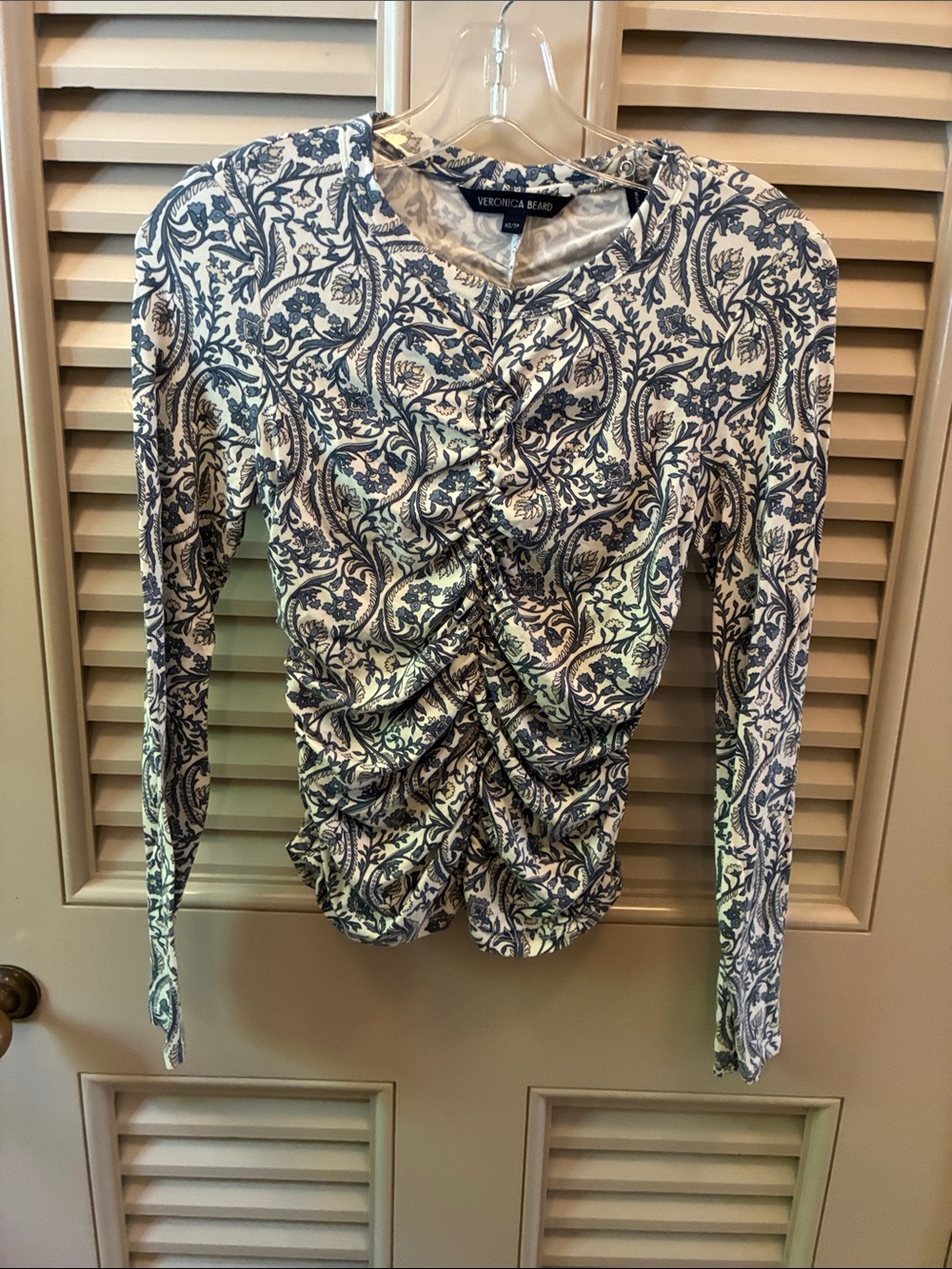 Veronica Beard Blue and White Ruched Paisley Long-Sleeve Top
